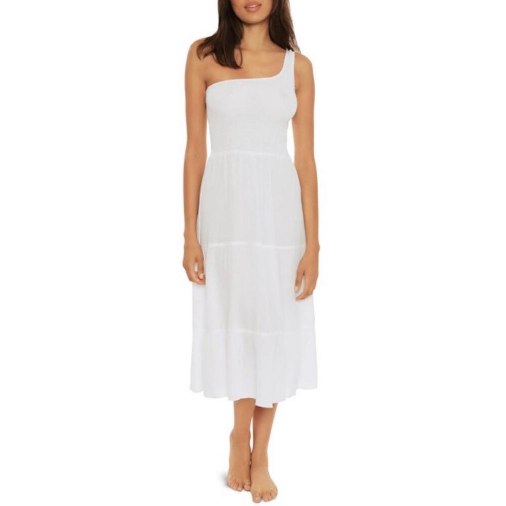 Becca Swim White Ponza Smocked One Shoulder Dress Sz L NWT
